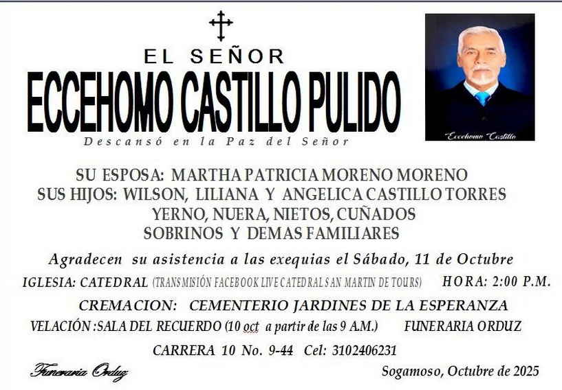 Con este aviso fúnebre, su esposa y demás familiares están invitando a dar el último adiós a Eccehomo Castillo.